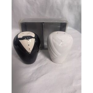 Bride groom wedding black white ceramic salt pepper shakers tuxedo dress & box!